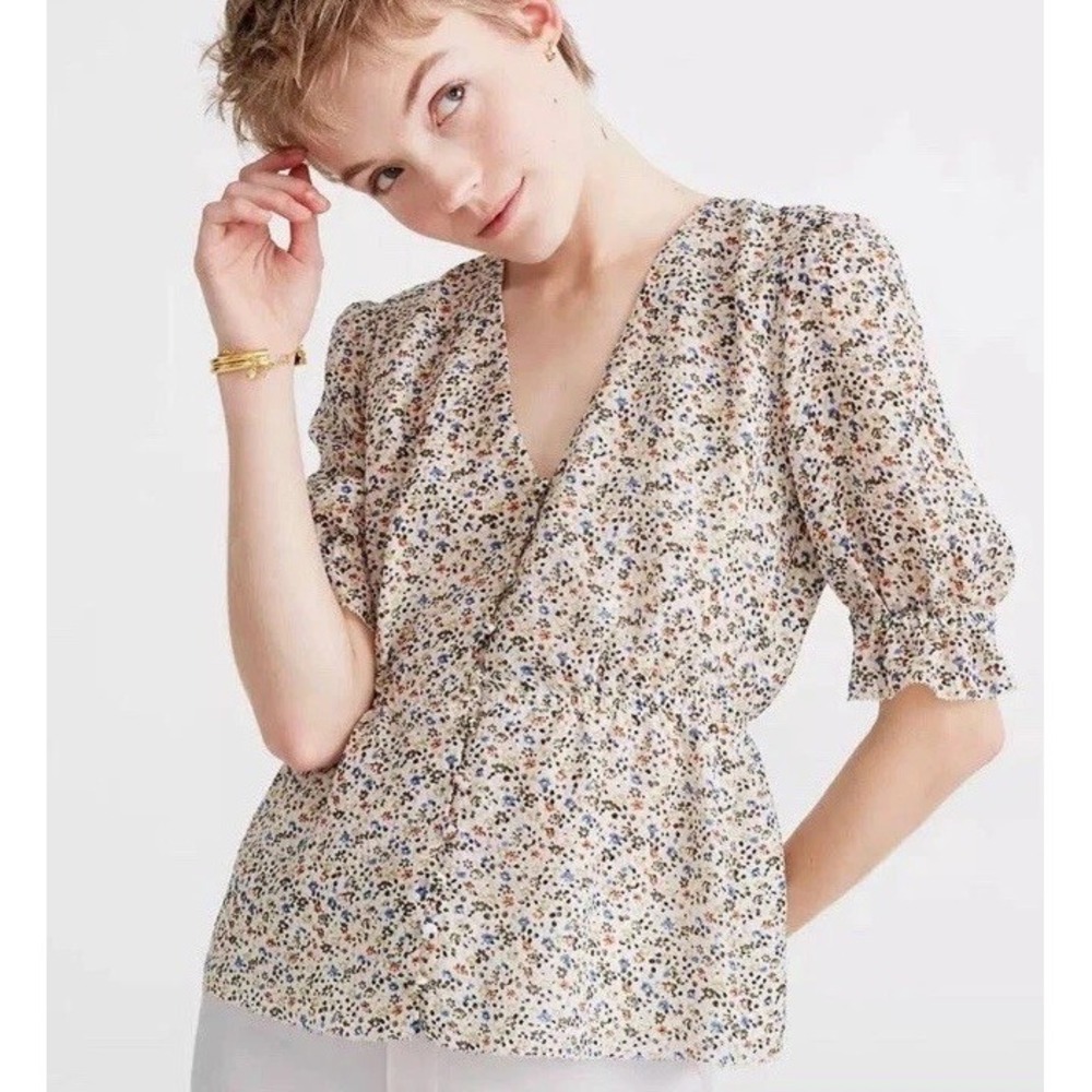 Floral Puff-Sleeve V-Neck Top — Cream Multicolor